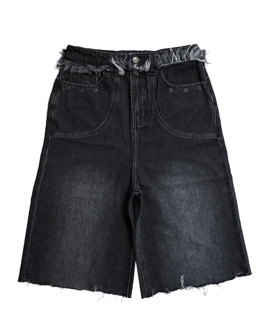Binary distressed denim shorts
